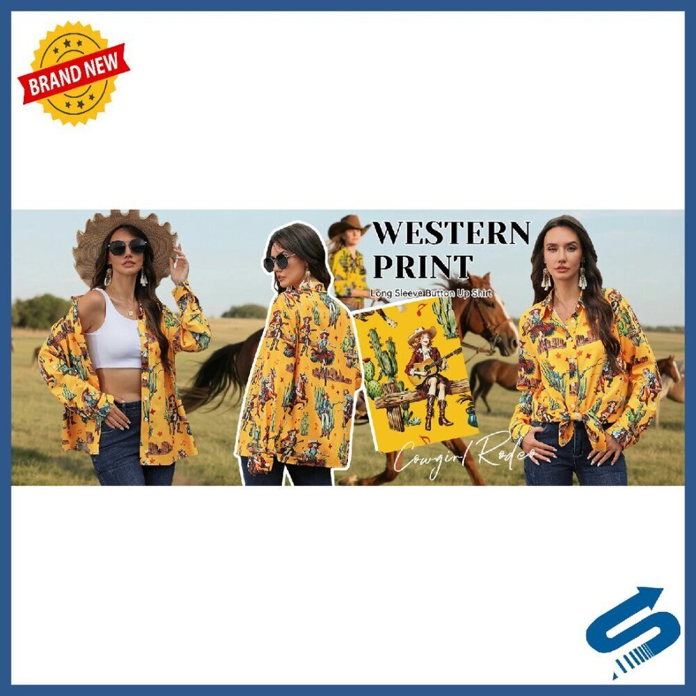 Women's Western Cowgirl Graphic Button Down Shirt 3/4 Sleeve Polyester - Picture 8 of 8